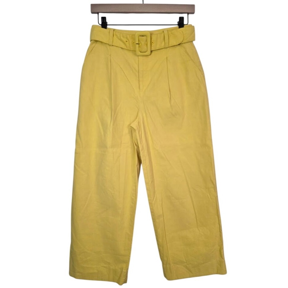 Anthropologie Women's 0 Wide‎ Leg Cropped Pants Yellow Belted High Rise Pleated